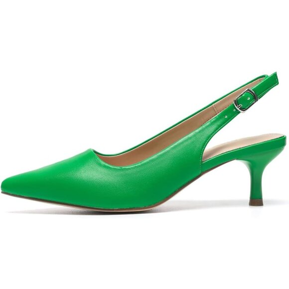 Amoji Women Green-pu Polyurethane Low Kitten Heel Slingback Pointed Toe Sandals - Picture 2 of 7